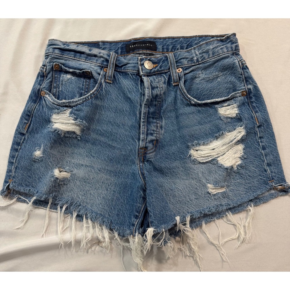 Aeropostale Womens 90s High Rise Cut-Off Distressed Denim Shorts Blue Size 8